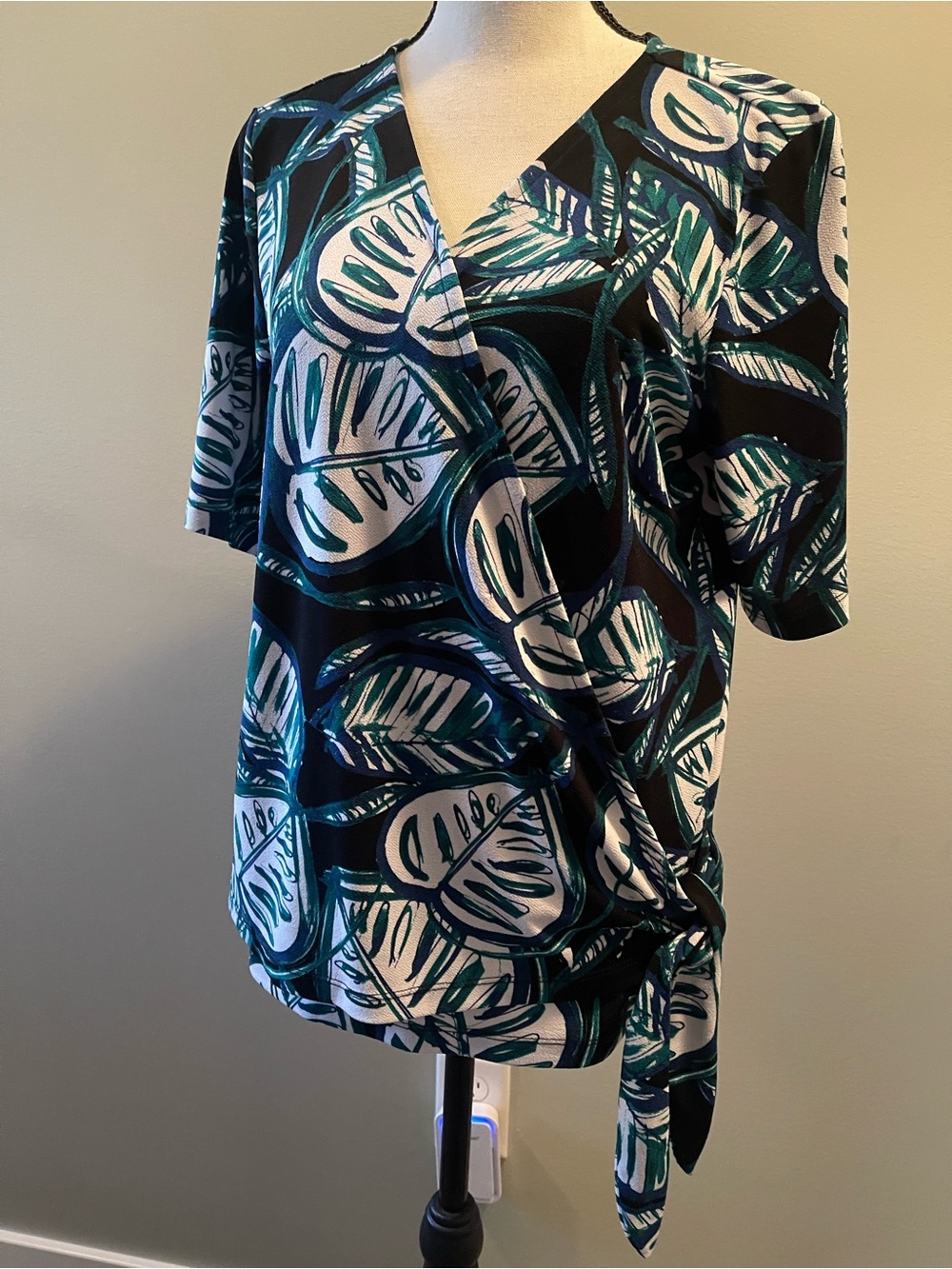 Christopher & Banks Teal, White and Black Leaf-Print Wrap Top